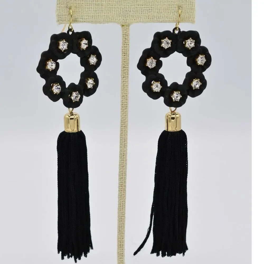 Vintage Statement Tassel Earrings Dangle Black Thread Gold Rhinestone Y2K BinAA